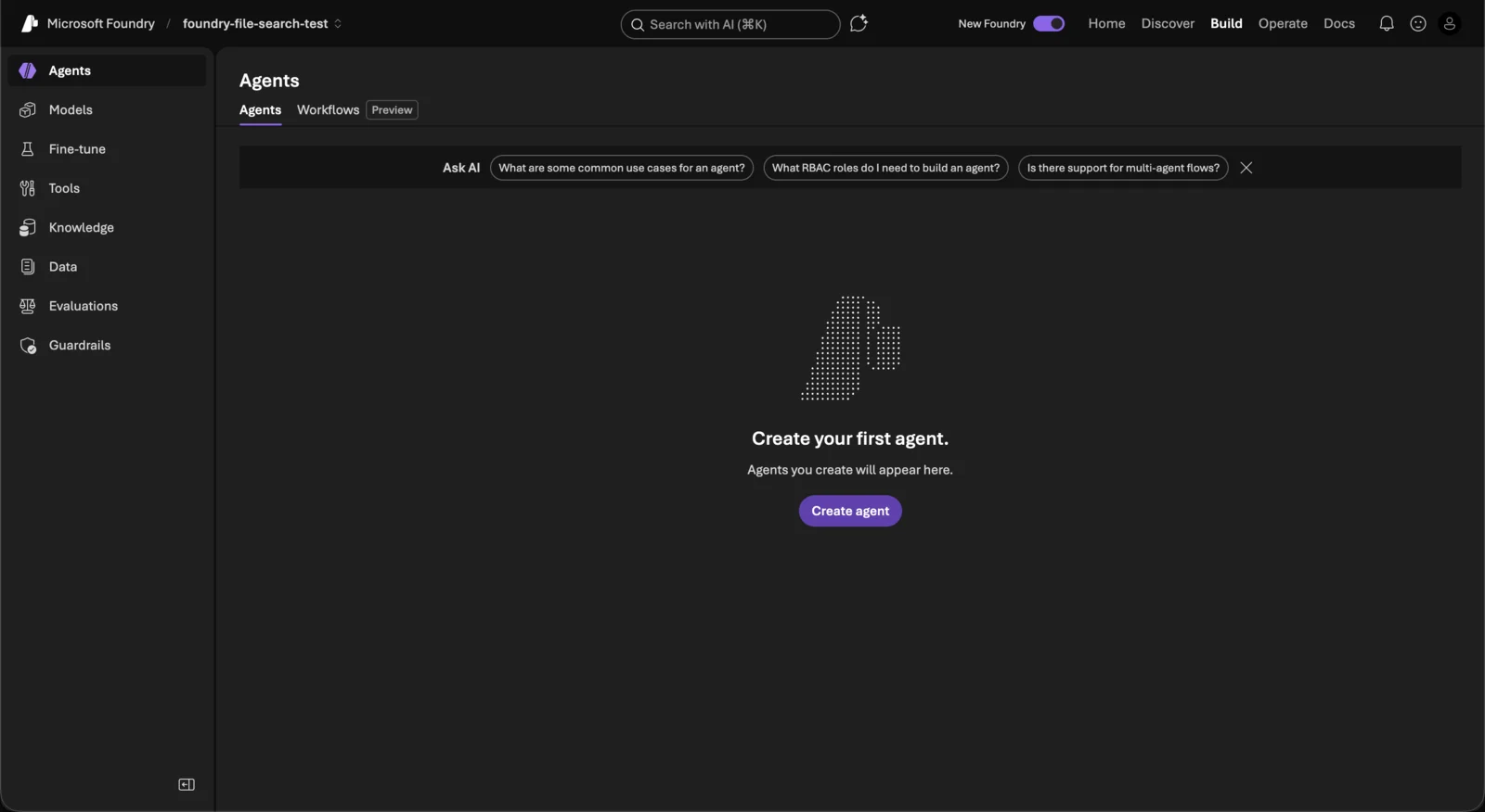 Empty Microsoft Foundry Agents page with Create your first agent prompt