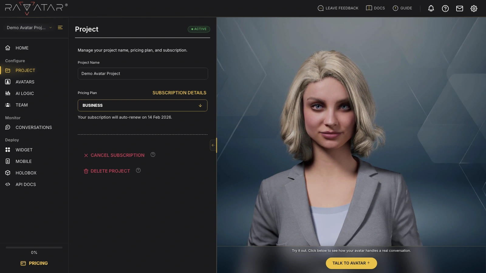 Genesis Studio AI avatar configuration wizard for project setup