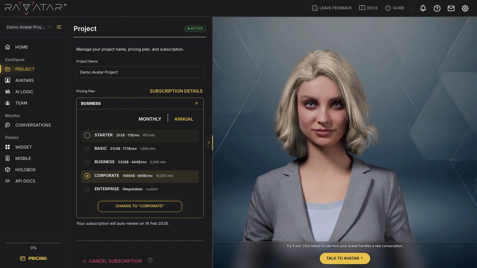 Genesis Studio change AI avatar project pricing plan in configuration wizard
