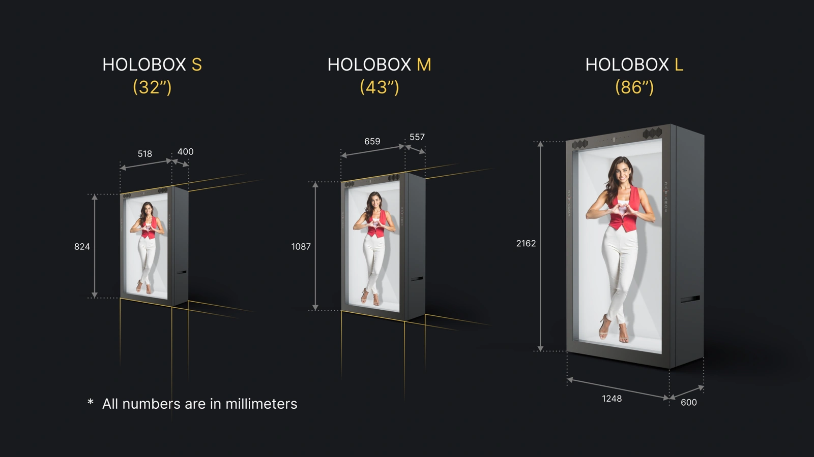 Genesis Studio holobox holographic display sizes for AI avatars