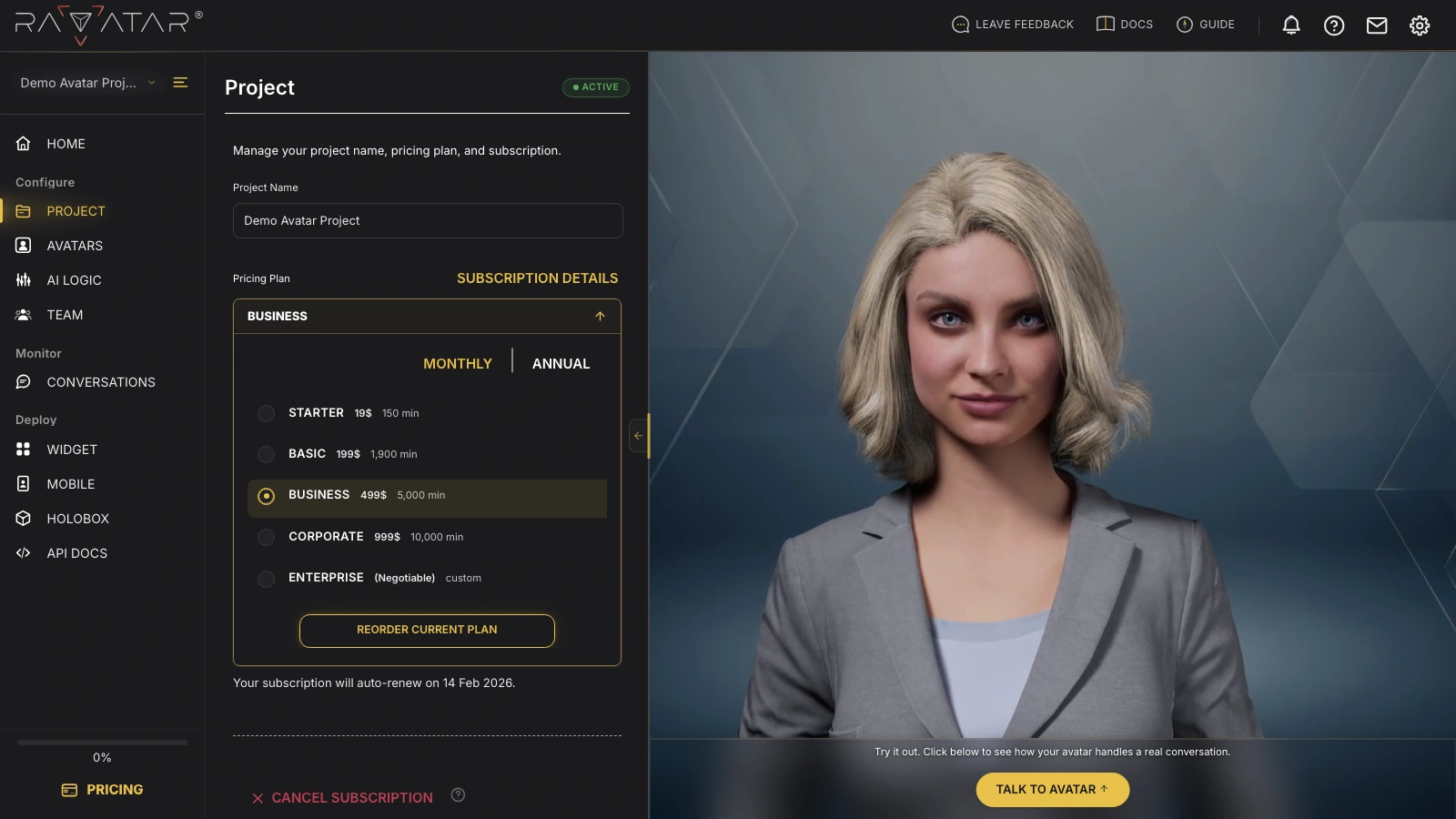 Genesis Studio reorder AI avatar project plan in configuration wizard