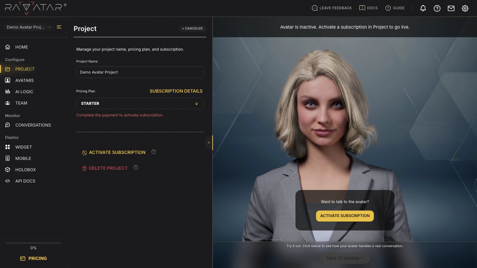 Genesis Studio start new AI avatar configuration for project setup