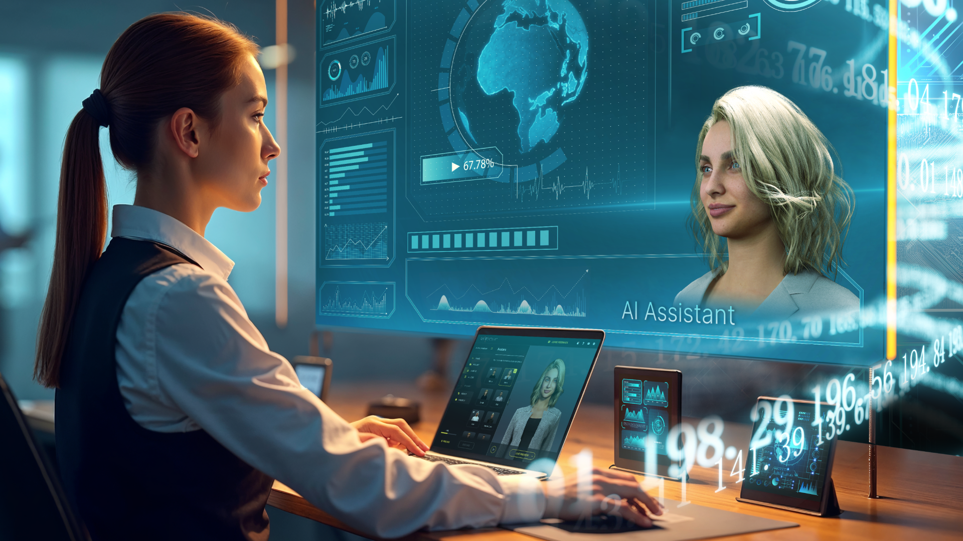 digital human assistant in modern business setting, high-detail AI-generated character