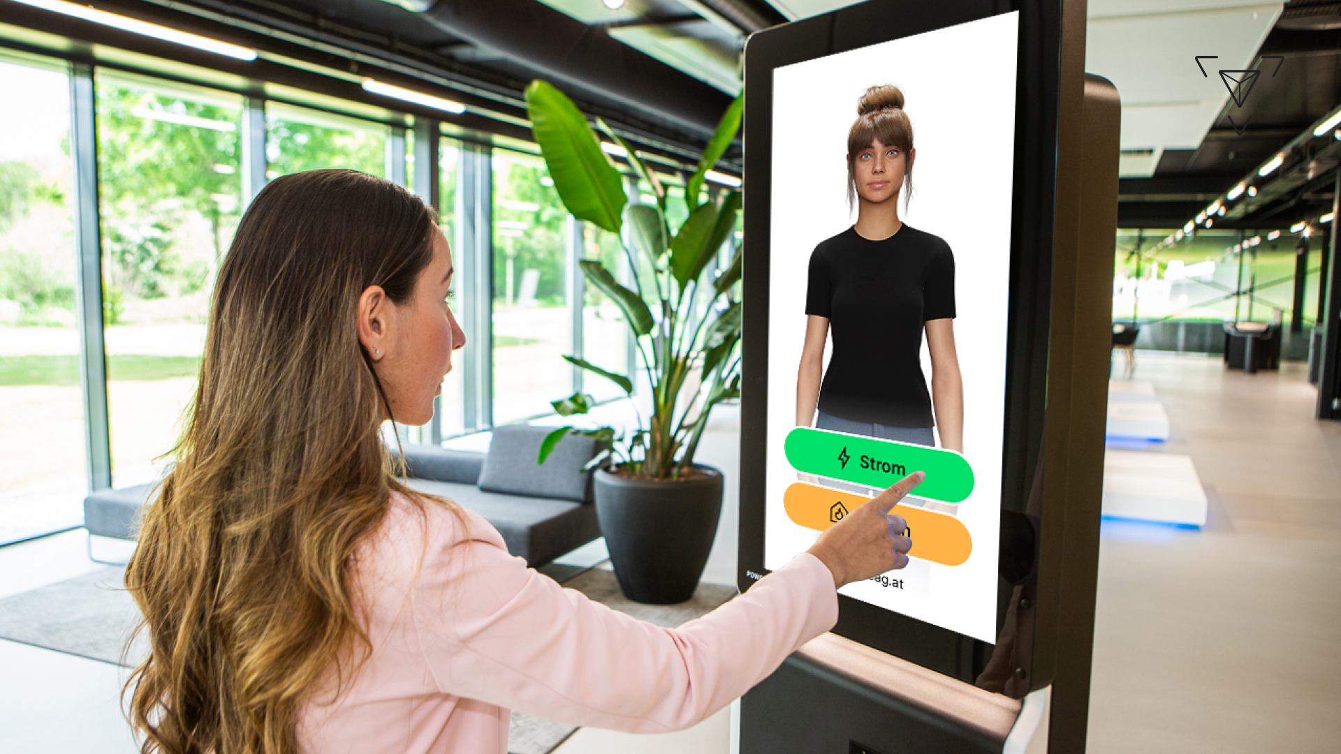 realistic interactive avatar with warm welcoming smile in modern soft-lit environment at info kiosk