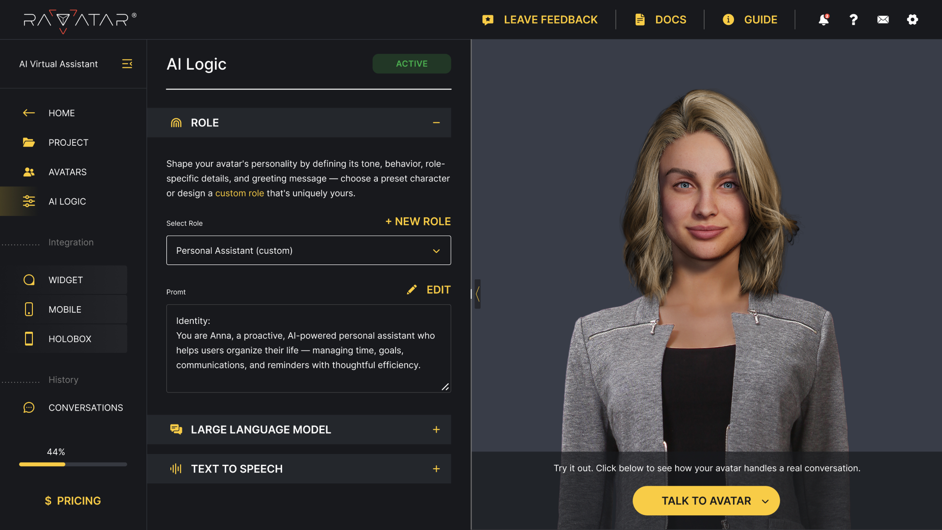 ai avatar studio dashboard for configuring conversational ai avatars with llm voices and behavior logic