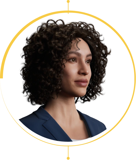 AI avatar of a woman with curly hair in a navy blazer, the human interface between users and underlying systems