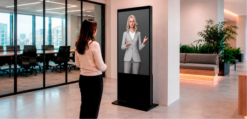AI avatar kiosk assisting a visitor in a modern office