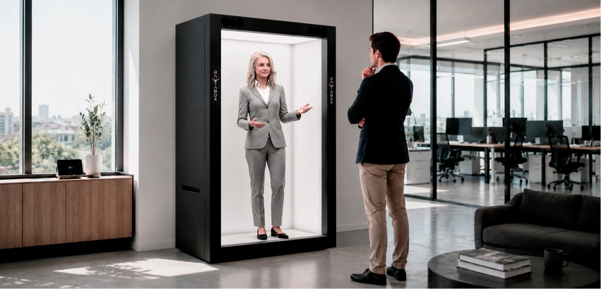 Full-size AI hologram in a modern office lobby with a visitor