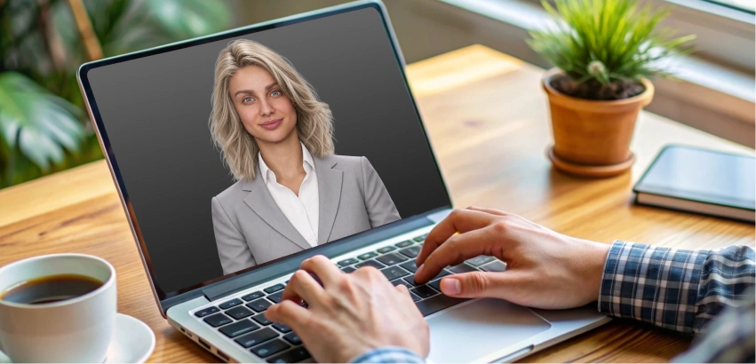 AI avatar displayed on a laptop screen during a video call