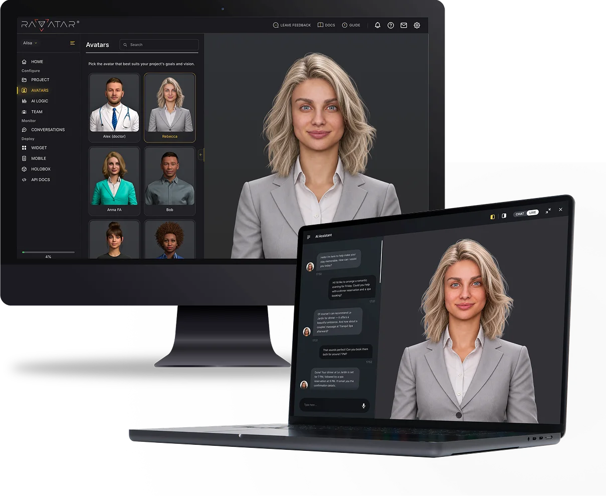 Ravatar AI Avatar Studio shown on a desktop monitor and laptop — realistic 3D female AI avatar in a professional setting engaged in a live chat conversation