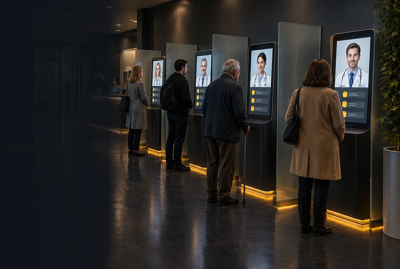 Patient answering intake questions with the AI Doctor avatar at clinic check-in kiosks