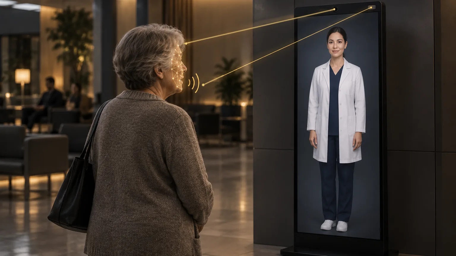 Patient speaking to an AI avatar on a hospital totem, with gold lines from its camera to her face and from its microphone to her voice