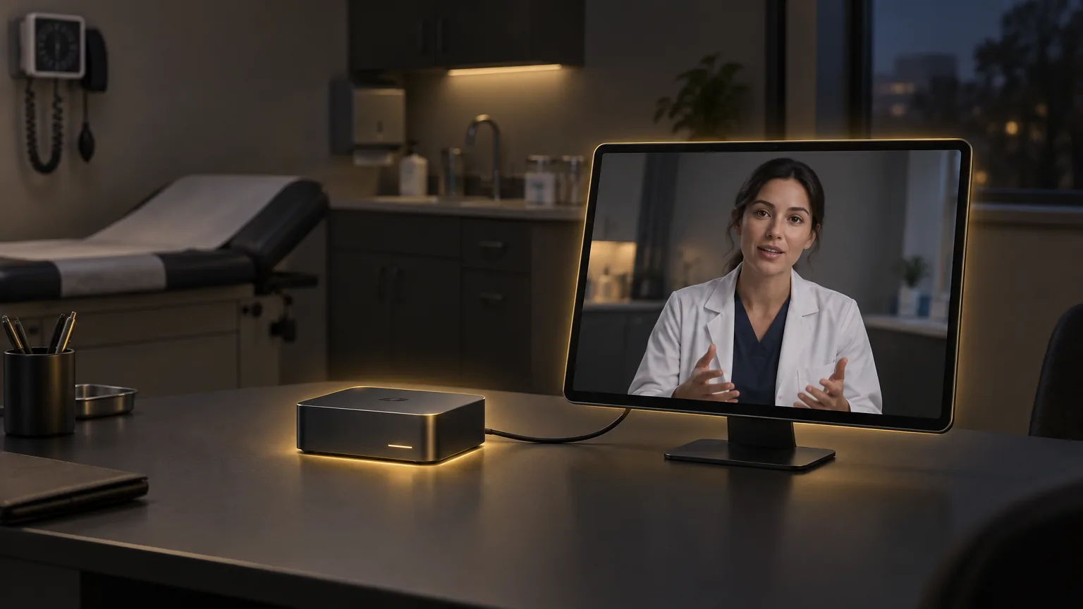 Consultation room with a compact edge device on the desk linked by one cable to a display showing an AI avatar, with no network cable