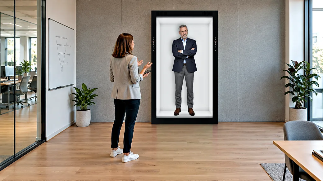 An employee holds the line with a skeptical AI client avatar in a Holobox