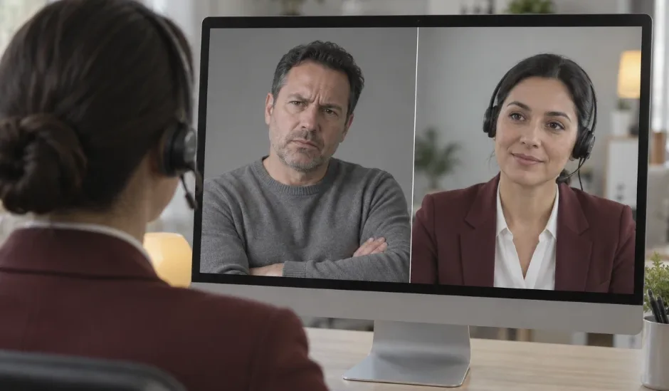 A support agent with a headset practices a call with an upset AI customer on screen
