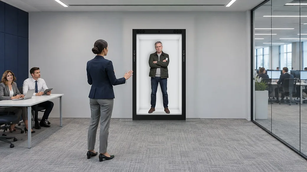 An employee practices calming a frustrated AI customer avatar in a Holobox while colleagues watch