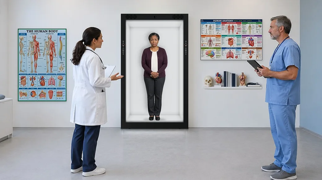 A doctor practices breaking bad news to an AI avatar of a worried relative in a Holobox while a colleague watches