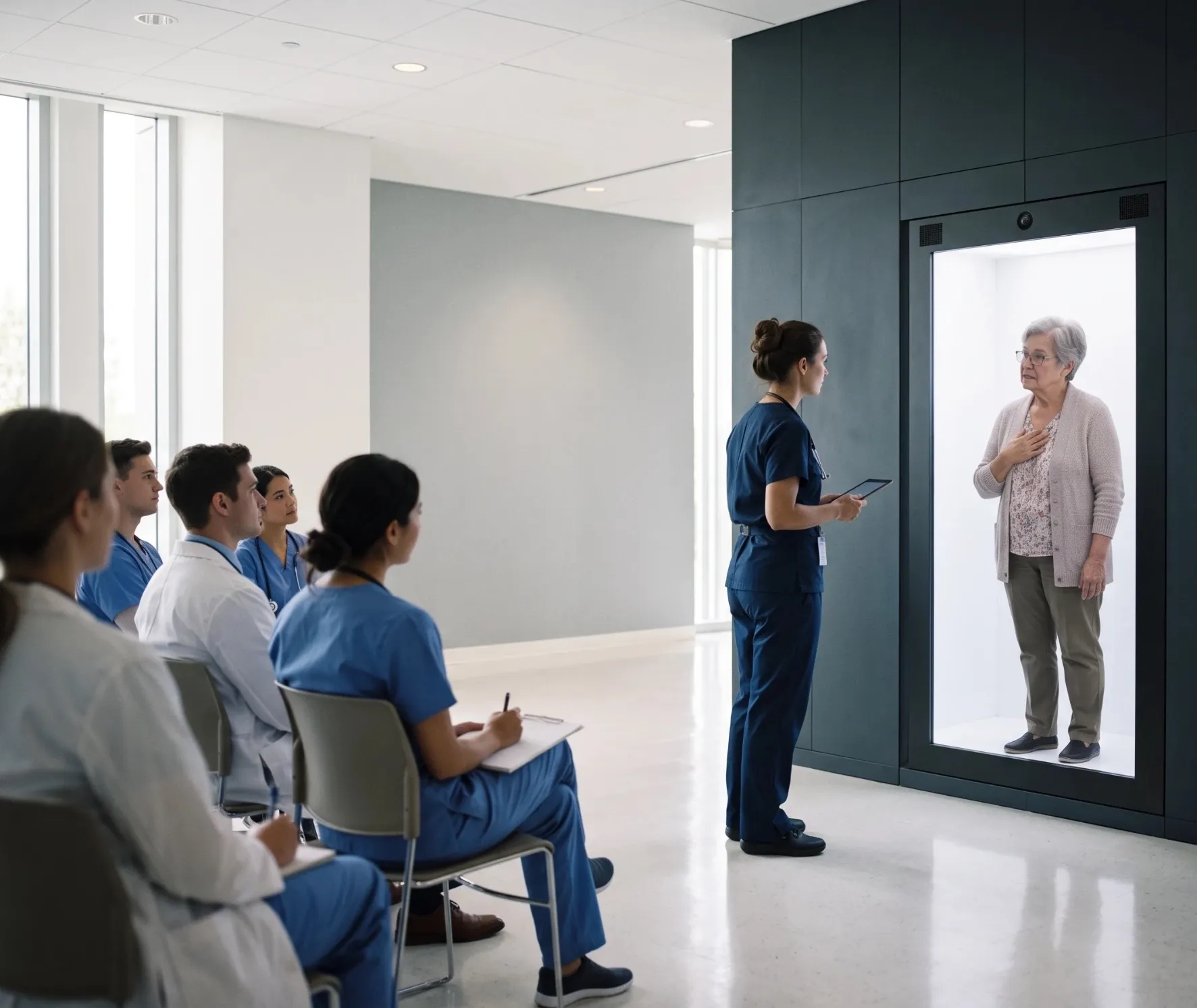 A nurse practices a conversation with a life-size AI avatar of an elderly patient in a Holobox while colleagues watch