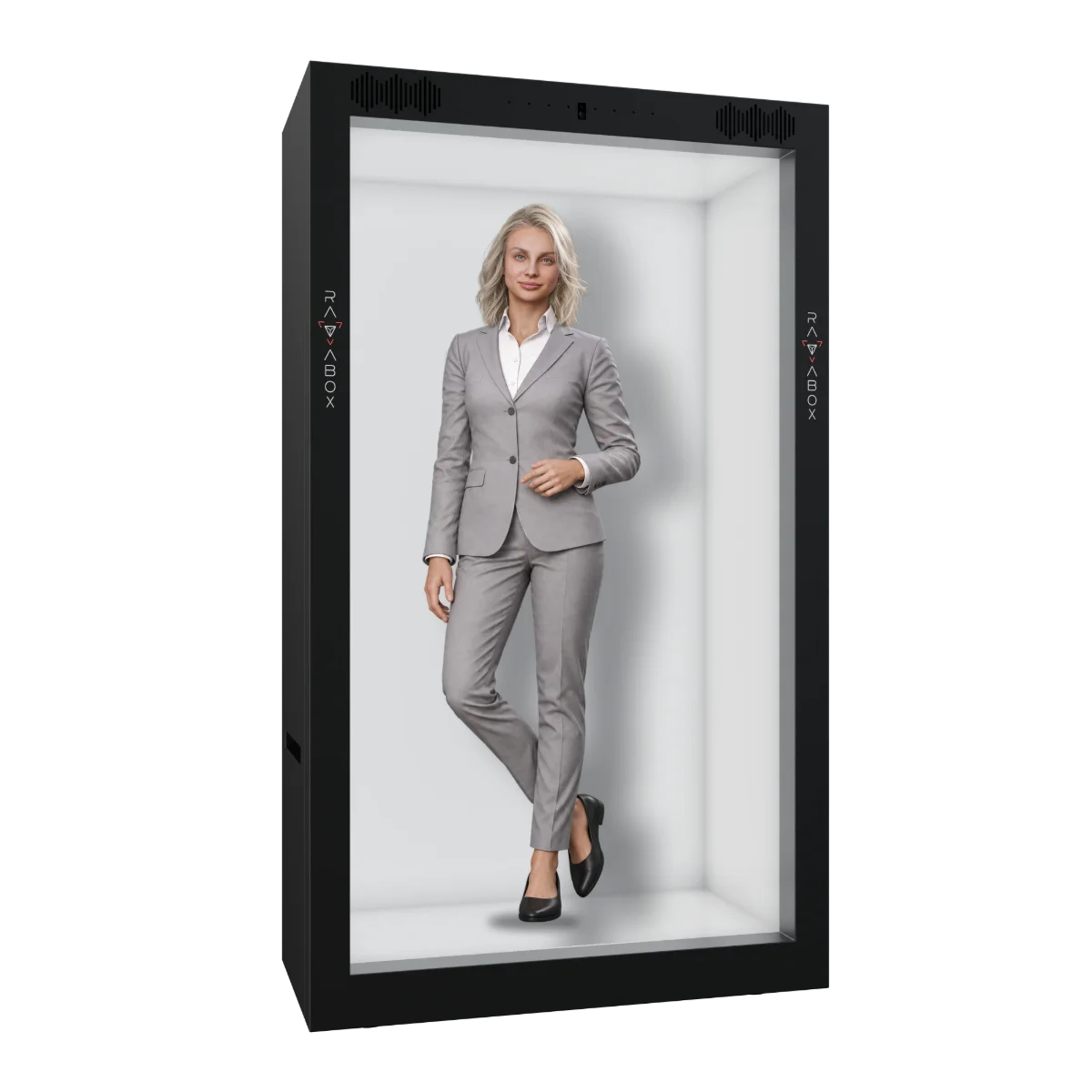 A full-body AI avatar in a business suit standing inside a Holobox