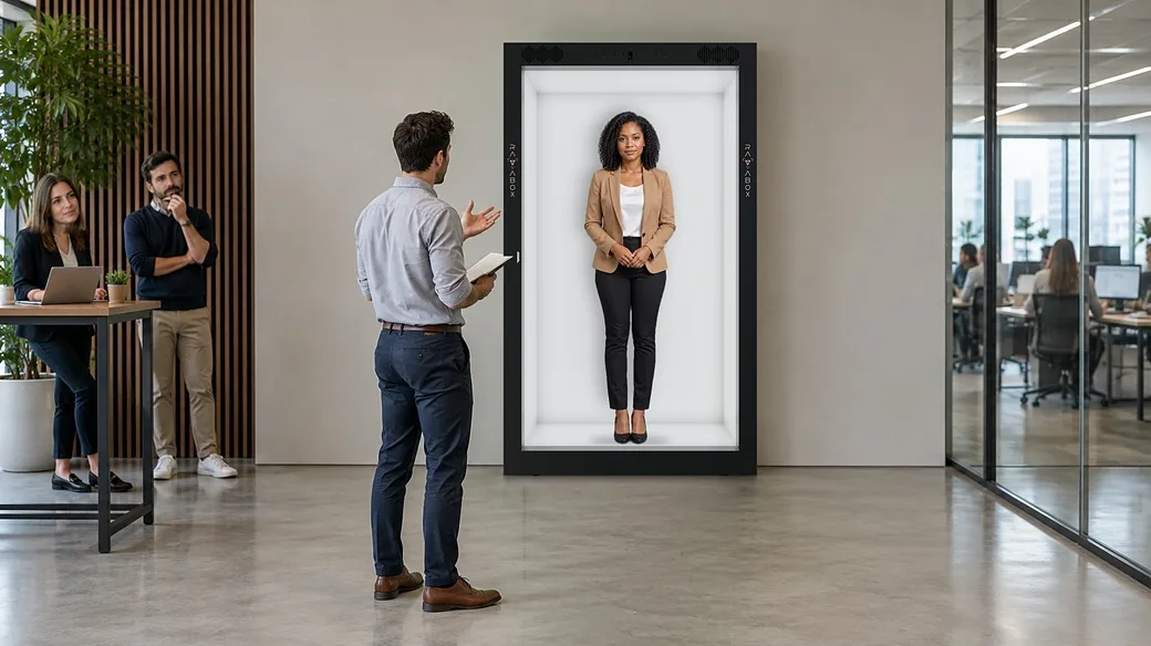 A team lead rehearses a difficult conversation with an AI avatar playing an employee in a Holobox