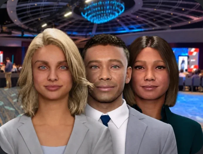 Three RAVATAR AI avatars on stage at the PwC Tax Leadership Conference 2025