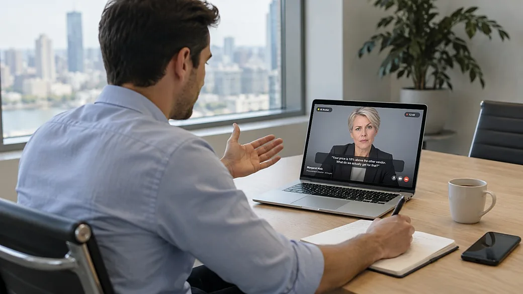A sales rep pitches to an AI buyer avatar on a laptop video call