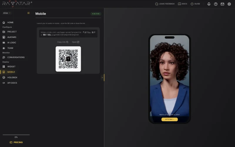 Genesis AI Avatar Studio: the Mobile deployment screen with a QR code and a phone preview