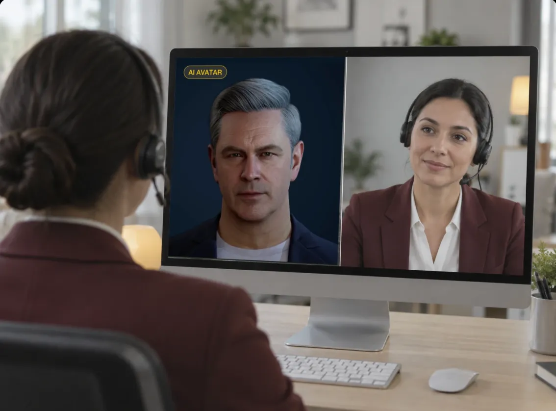 A trainee with a headset talks face to face with an AI avatar on a split-screen video call