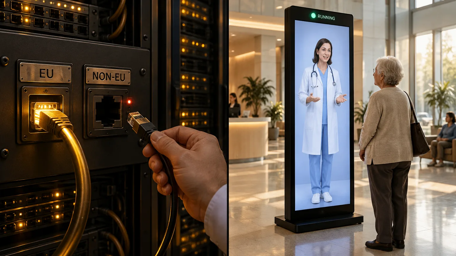 Technician unplugs the non-EU cable while the EU cable stays lit, and a patient keeps talking to a clinician AI avatar on a hospital kiosk marked running