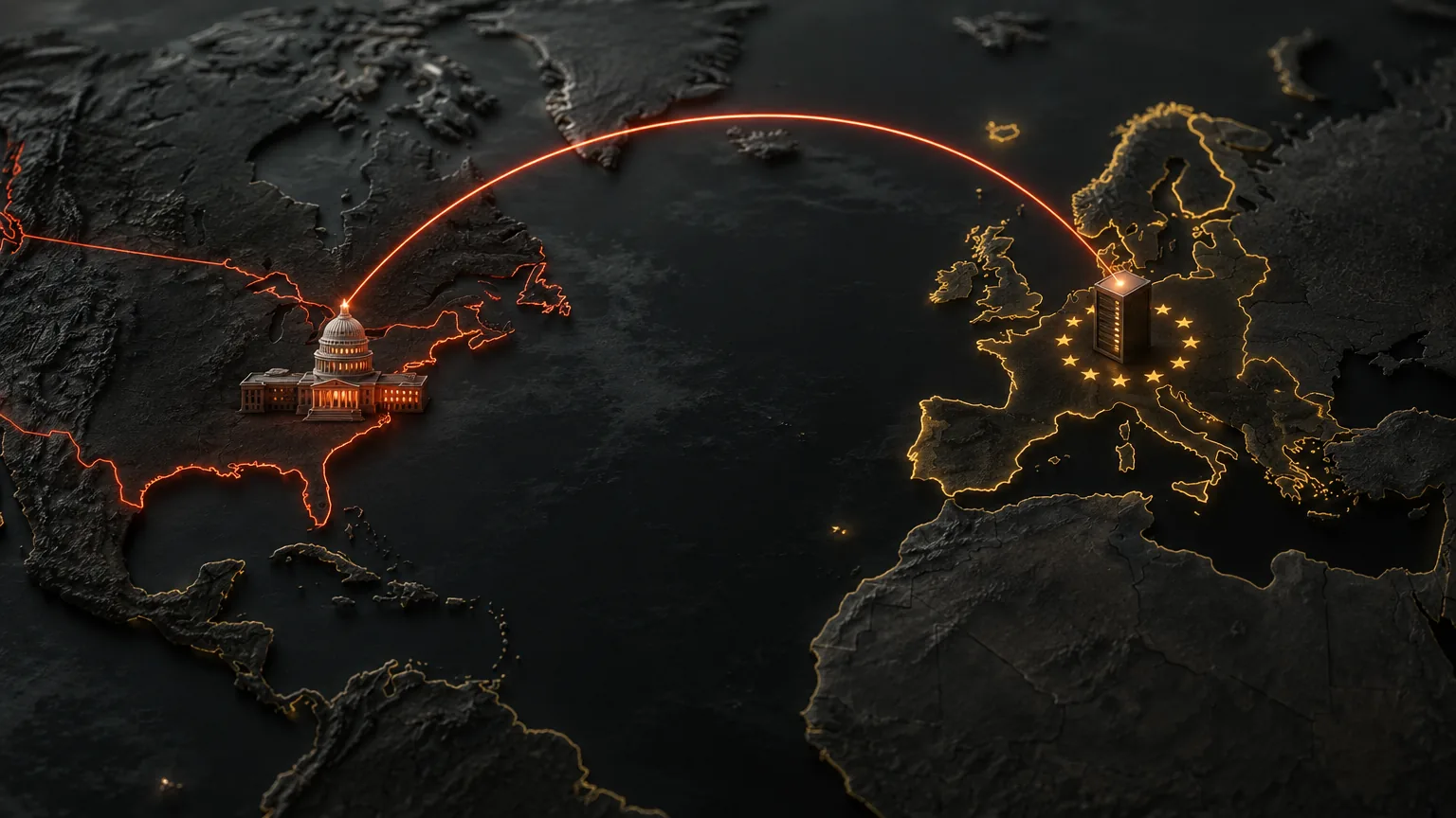 Map with a red arc from Washington to a server inside the EU, showing that a disclosure order follows the provider, not the building
